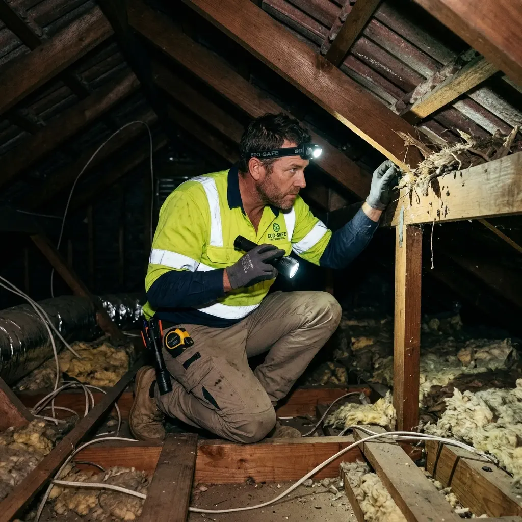 Technician inspecting a roof cavity for a dead animal in The Patch