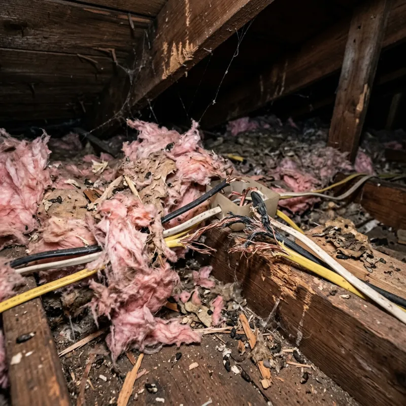 Contaminated ceiling insulation being assessed in a The Patch roof space