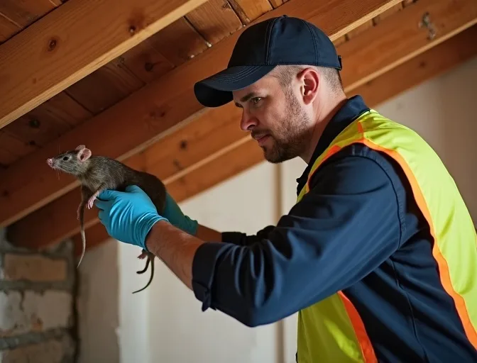 Technician inspecting a roof cavity for a dead rat in The Patch